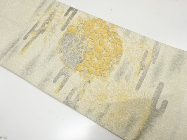 JAPANESE KIMONO / ANTIQUE FUKURO OBI / SILK / PLATINUM FOIL / TSUZURE / WOVEN SNOWFLAKE & PEONY & KIKU & HAGI